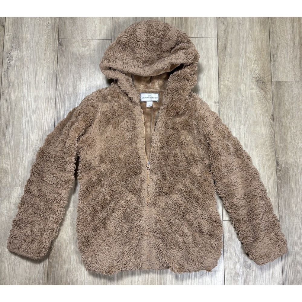 American Widgeon Girls Size 12 Brown Coat Faux Fur Plush Warm Full Zip Hoodie‎